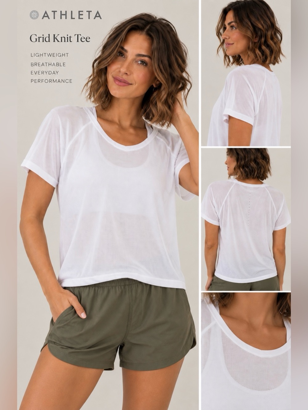 NWT Athleta Grid Knit Tee White Breathable Quick Dry Workout Top